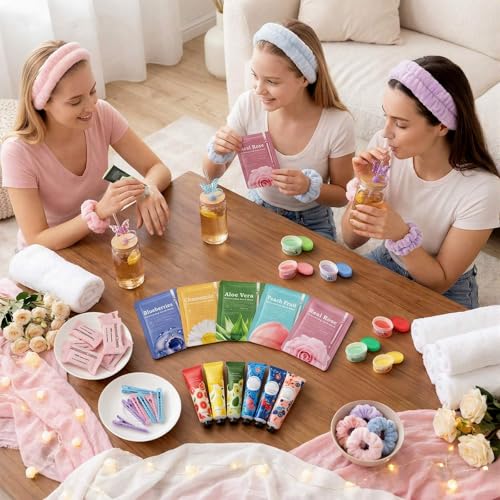 Demissle 60 Pcs Spa Party Supplies Women Sleepover Birthday Favors Bachelorette Slumber Gifts Include Glass Cup, Facial Masks, Lip Balm, Hand Cream, Hairpin, Hair Ring, Hair Band, Compressed Towel