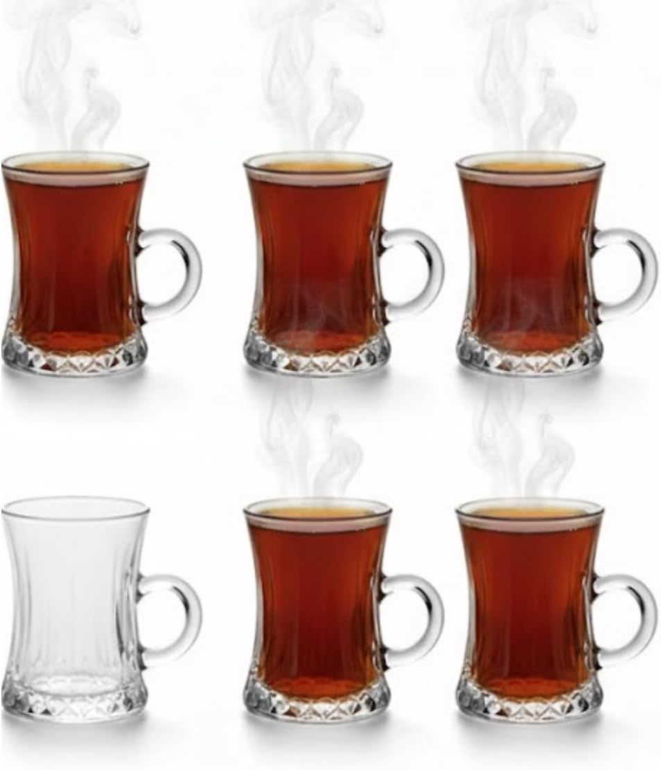 Lüks Kulplu Çay Fincanı 6 Adet | Kristal Berraklığında Cam | Estetik ve Ergonomik Tasarım Çay Bardağı Seti