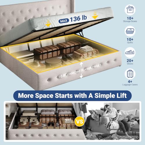 Image of Allewie King Size Lift Up Storage Bed, Button Tufted Headboard with Wingback, Hydraulic Support, No Box Spring Needed, Light Beige