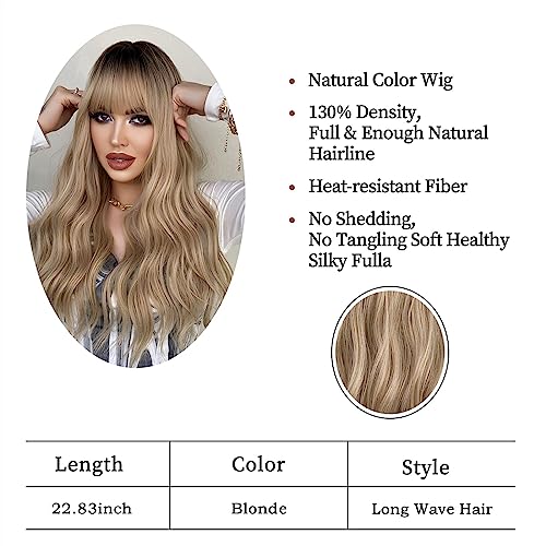 Perruque blonde longue ondulée avec frange : volume naturel immédiat