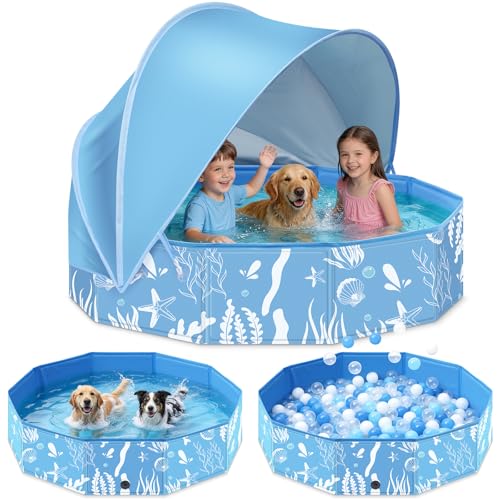 Haozozo Faltbarer Hundepool mit Abnehmbarem Sonnendach 120cm Robustes Planschbecken für Kinder & Hunde Pool mit Dach Rutschfestes Hundebadewanne und Kinderpool für Garten Outdoor Camping