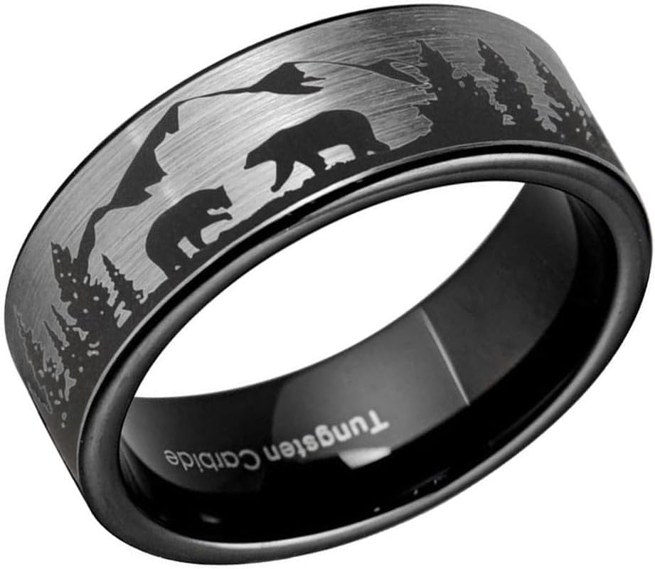 (8mm) Unisex or Men's Hunting Bear Crossing Wedding Ring Band. Silver/Gray Brushed Tungsten Carbide Band with Black Etched Bear Family, Mountains and Forest Design. Hunter's Wedding Ring.