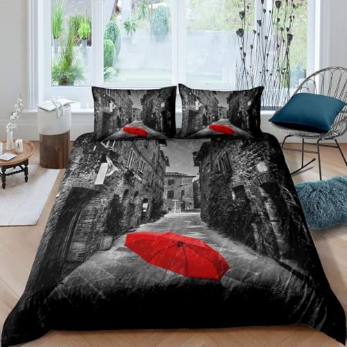 Fundas Nordica Cama 90 Paraguas Rojo Impresión Suave 3D Funda de Edredón Calles Urbanas Funda Nórdica Microfibra con Cremallera 135x200 y 2 Fundas Almohada 50x75 464-A