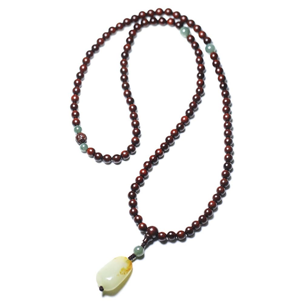 XANAYXWJ Legno di Sandalo Rosso Naturale 108 con Pendente in nefrite, Collana di Perle di Mala Buddista in Legno per Yoga, 8 mm