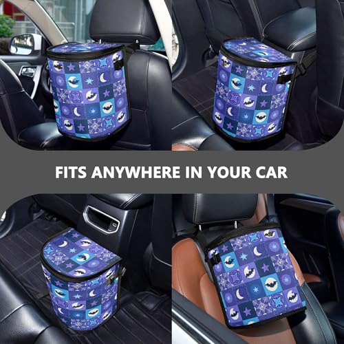Image of MNSRUU Car Trash Can with Lid, Bats Moon Snowflakes Vintage Car Trash Bag Hanging Organizers and Storage for Front Back Seat, Leak-Proof Trash Bin