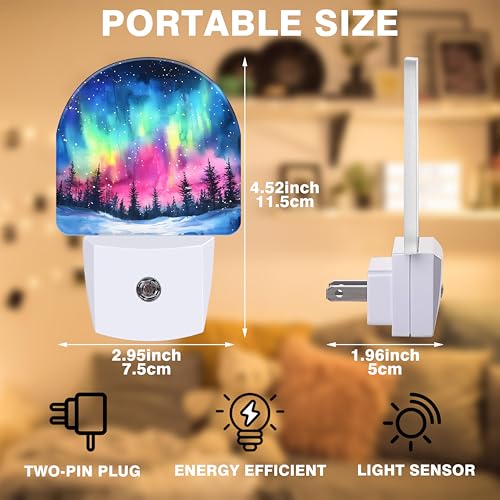 Image of Night Light, Northern Lights in Winter Forest Sky Night Lights Plug into Wall Dusk to Dawn Sensor Round Nightlight for Women Men Energy Efficient Led Lamp 0.5W for Stairway Hallway Bedroom