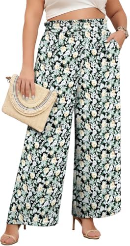 Lastshe Women's Plus Size Wide Leg Pants Elastic High Waist Hide Drawstring Loose Work Pants Palazzo Trousers with Pockets