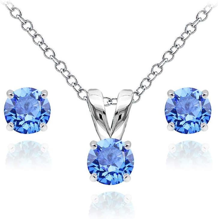 B. BRILLIANT Sterling Silver Small Dainty Crystal Solitaire Necklace & Stud Earrings Birthstone Jewelry Set for Women Bridesmaids