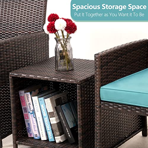 Patio Furniture 3 Pieces Conversation Sets Outdoor Wicker Rattan Chairs Garden Backyard Balcony Porch Poolside Loveseat With Soft Cushion And Glass Table (Bsd-3Blue-Green) #TOP4