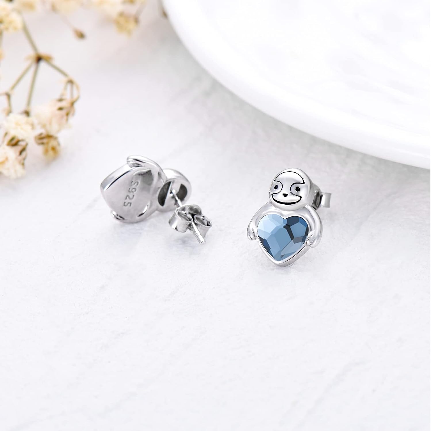 Sloth Earrings Mother's Day 925 Sterling Silver Sloth Stud Hypoallergenic Blue Heart Crystal Earrings Animal Jewellery for Women Girls Birthday Christmas - Image 5