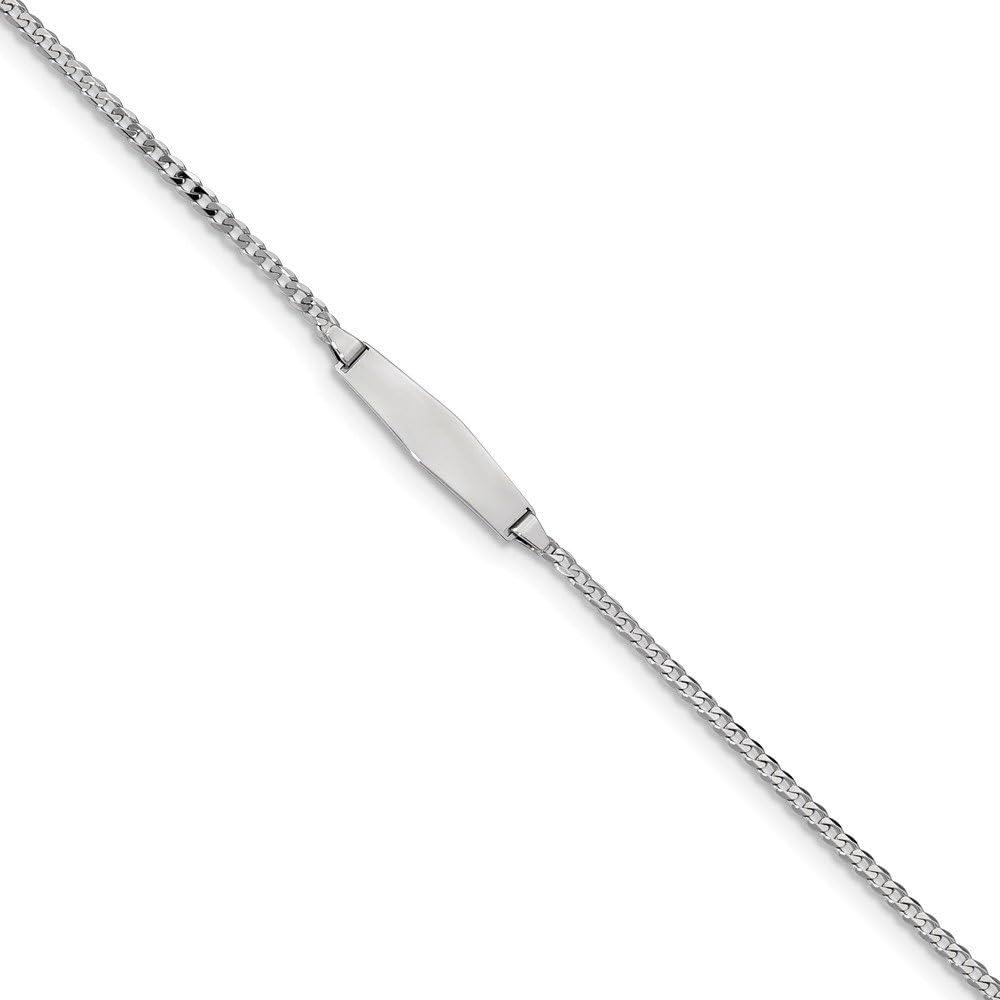 Solid 14k White Gold Flat Curb Cuban Link Soft Diamond-Shape ID Bracelet Engravable Identification Name Bar Tag - with Secure Lobster Lock Clasp 7" (Width = 5mm)