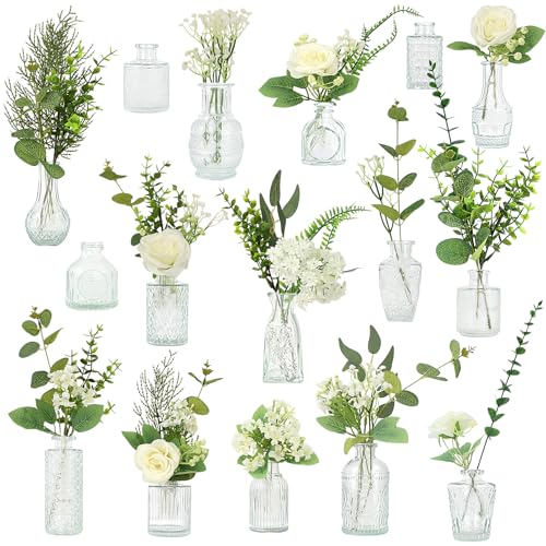 WARMALL Artificial Flowers with Vases, 16 Pcs Bud Vases, & 81 Pcs Artificial Plants DIY Set Suitable for Centerpieces Table Weddings Party Office and Indoor Decor Mini Small Glass Clear(White)
