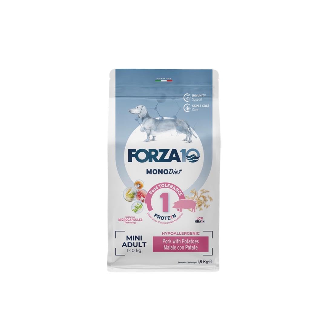 Forza 10 Perro pequeño/Mini Adult Mono sabor cerdo alimento completo monoproteico para perros adultos de talla pequeña, hipoalergénico, sensible digestión, paquete de 1,5 kg.
