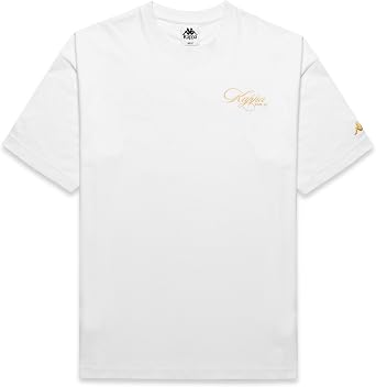 Kappa Mens Authentic Norda Oversized T-Shirt 100% Organic Cotton, Gold Script Logo Print, Crew Neck White