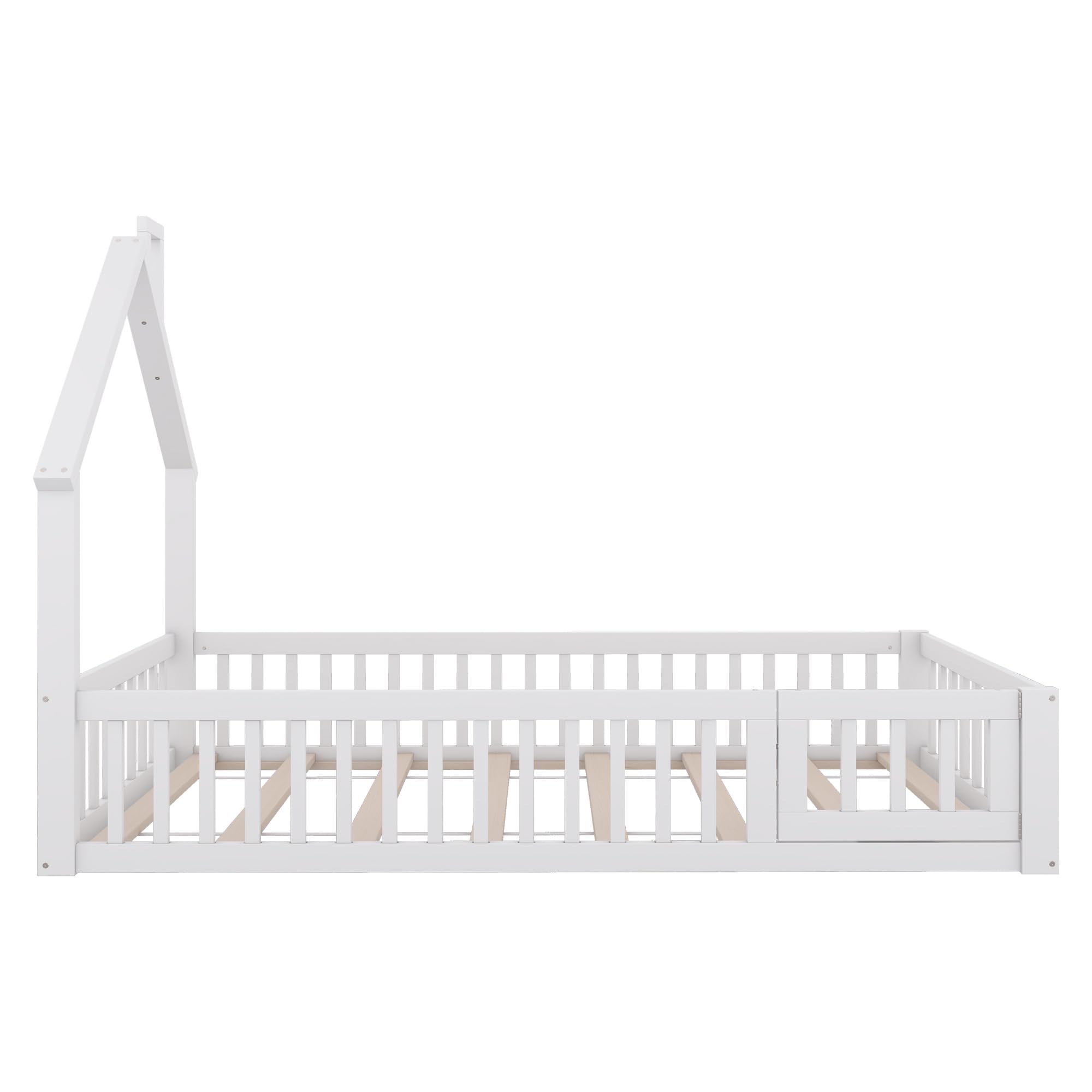 Merax Kinderbett Bodenbett 90x200 cm Hausbett mit Rausfallschutz & Lattenrost, Schornsteinform, öffnbarem Zaun - Montessori Bett, Jugendbett, Holz Bettgestell(ohne Matratze), Weiß