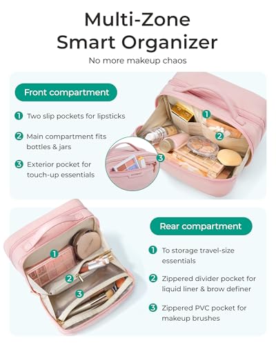 Image of BAGSMART Travel Makeup Bag, Make Up Bag with Multiple Compartments for Organizer, Compact & Durable Cosmetic Organizer for Women for Travel Accessories (Pink