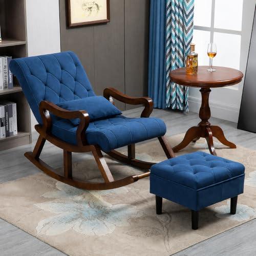 Image of Solid Sheesham Wood Rocking Chair with Ottoman | Velvet Upholstered Relaxing Chair for Living Room | Comfortable Single Seater Arm Chair with Footrest & Cushion | Blue | Pre-Assembled