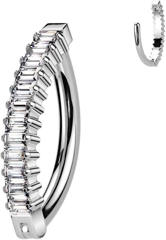 Implant Grade Titanium Hinged Vertical Baguette CZ Hoop Belly Button Ring