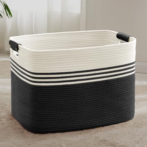 SunNewt 100L Large Woven Laundry Basket Hamper with Leather Handles,Black