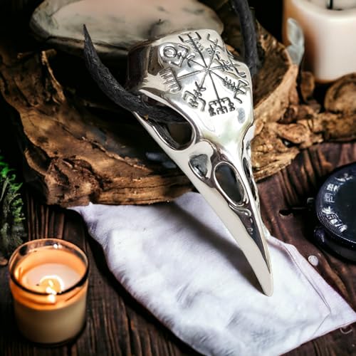 Raven Skull Necklace with Viking Compass Vegvisir Pendant Bird Crow Odin Norse Animal Ancient Protection Amulet Talisman Nordic Goth Jewelry for Men Women2