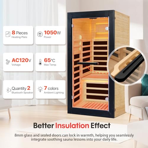 Image of OUTEXER Sauna One Person Infrared Saunas Room Chilean Pine Wood 1050W Dry Saunas Spa with 7 Color Starry Sky Light Oxygen Bar Cup Holder 30.7x30.7x62.2inch