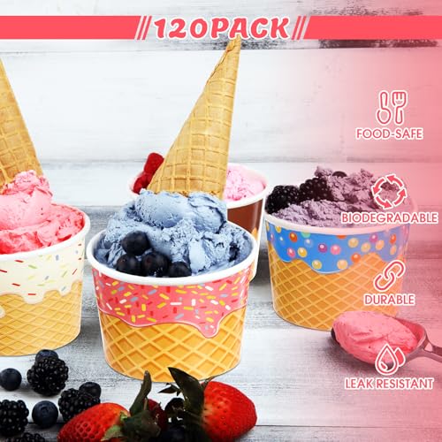 Image of Zopeal 120 Pcs 9oz Ice Cream Bowls Bulk Dessert Ice Cream Cups Paper Treats Sundae Cups Disposable Birthday Party Decorations for Hot Cold Food Soup Yogurt Cupcakes Supplies(Lovely Style)
