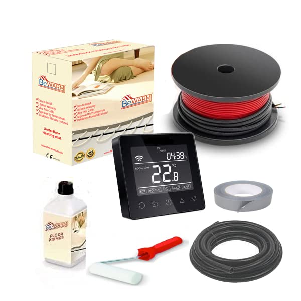 BeWarm Electric Underfloor Heating Cable Kit, 100w / m2 Loose Wire Cable Kit (6.4m2, Smart Black WiFi Thermostat)