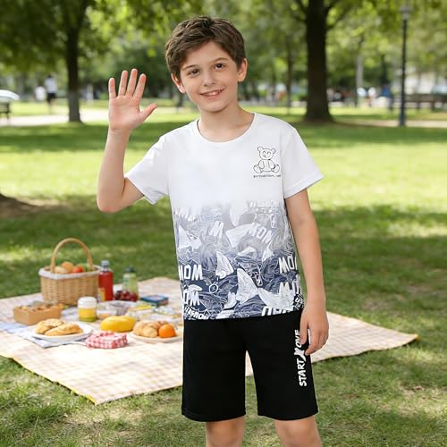 Image of Ayzozuy Boy Clothes Colorblock Top + Drawstring Waist Shorts 2 Pieces Kid Summer Outfits Set