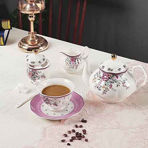 fanquare 21 Piezas Juego de Té de Porcelana con Flores Rosa, Juego de Café Ceramica Real para 6 Personas, Juego de Tazas… - Imagen 4