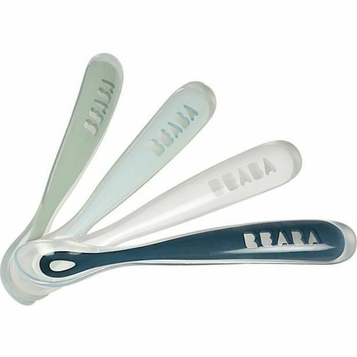 Beaba 1st Stage Silicone Spoon - Set of 4, Baby Self Feeding Training Spoon with Ultra Soft Tip, Gum Friendly, Ergonomic Handles, BPA Free, Eucalyptus Green, Airy Green, Light Mist, Dark Blue, 4m+