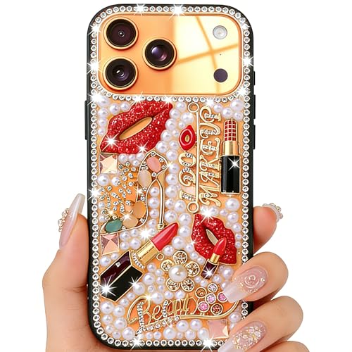 Bonitec Compatible with iPhone 17 Pro Max Bling Case for Women Girls Luxury 3D Diamond Crystal Rhinestone Lipstick Lips High Heels Floral Sparkle Pearl Glitter Protective Girly Cute Designer Clear