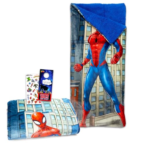 Spidey and Friends – Ensemble sac de couchage Marvel de 68,6 x 66 cm avec oreiller attaché et autocollants, plus | Fournitures de camping et de soirée pyjama Spiderman