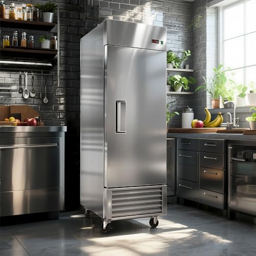 Image of 27 inch W Commercial Upright Freezer with Single-Door: 23 Cubic Feet Storage, Adjustable Shelving, Automatic Defrosting, Precision Digital Thermostat, LED Lights, Safety Locks