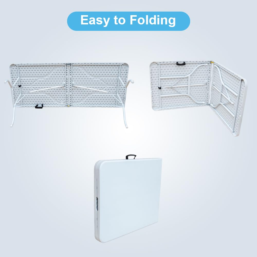 Tavolo pieghevole in plastica da 1,8 m, portatile, resistente, bianco, pieghevole a metà, per campeggio, feste, giardino, cena, cucina, lavoro, interni ed esterni (1,8 m)