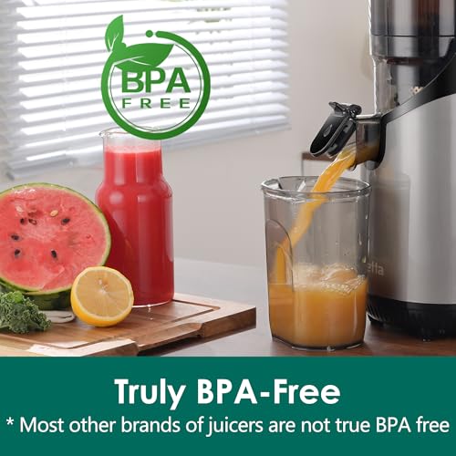 Image of Cold Press Juicer Machines,Fretta Juicer Machines with PCTG Material from the USA,5.3 inch Extra Large Feed Chute Fit Whole Fruits & Vegetables,Truly BPA-Free,Easy to Clean(Grey, 1.8L)