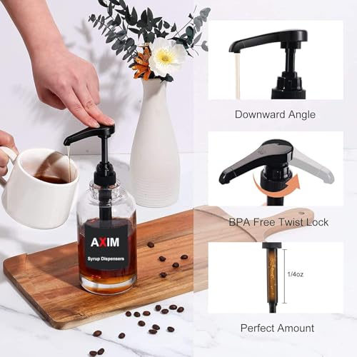 AXIM Lot de 2 distributeurs de sirop de café en verre de 500 ml avec étiquettes et entonnoir, organiseur de bar à café, accessoires modernes pour cuisine – Image 4