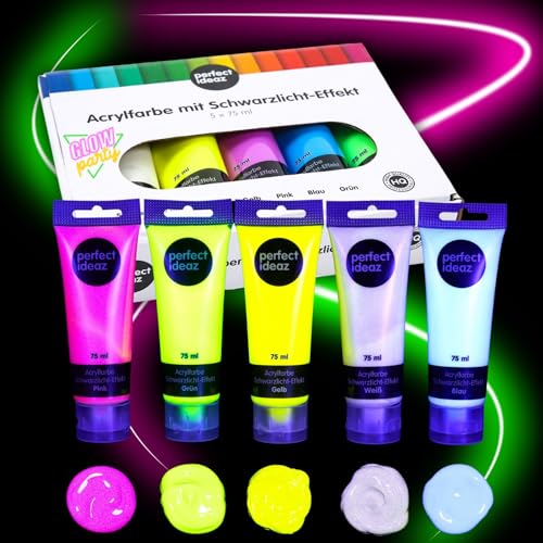 perfect ideaz • 5 x 75 ml pintura acrílica negro-luz, alta proporción de pigmentos luminosos