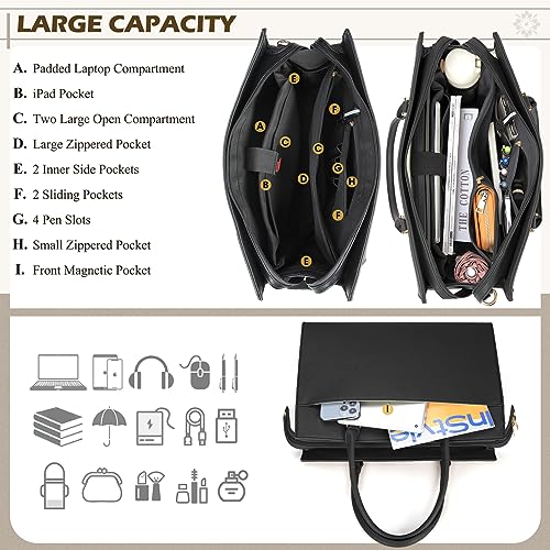 Laptop Bag for Women 15.6 inch Leather Tote Bag 2pcs Set Professional Work Bag with Clutch Purse Large Office Computer Tote Teacher Purse Shoulder Bag, Black4