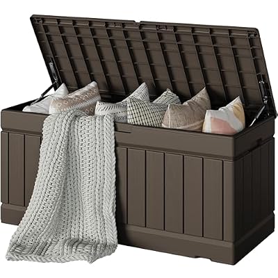 Devoko 78 Gallon Deck Box, Waterproof Resin Outdoor Storage Box for Outside and Patio, Outdoor Storage Bench Lockable for Patio Furniture, Garden Tools and Pool Supplies (Brown, 78 Gallon)