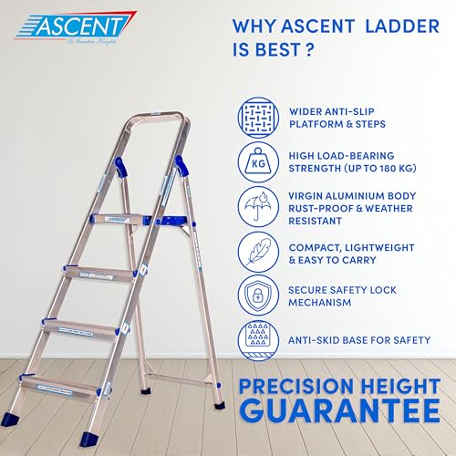 Image of ASCENT Ladder for Home 7 Steps Foldable Step Ladder with 12-Inch Wide Anti-Skid Platform | Virgin Aluminium Material for Strength & Stability | Heavy Duty | 5 Year Warranty | 180 kg Capacity