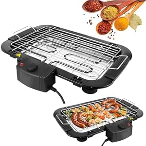 1500W Electric BBQ Grill Indoor/Outdoor with Stand, Smokeless, Non-Stick, 5-Level Temperature Control, Compact Tabletop Electric Barbecue Grill with Removable Drip Tray for 2 to 4 People BBQ Party