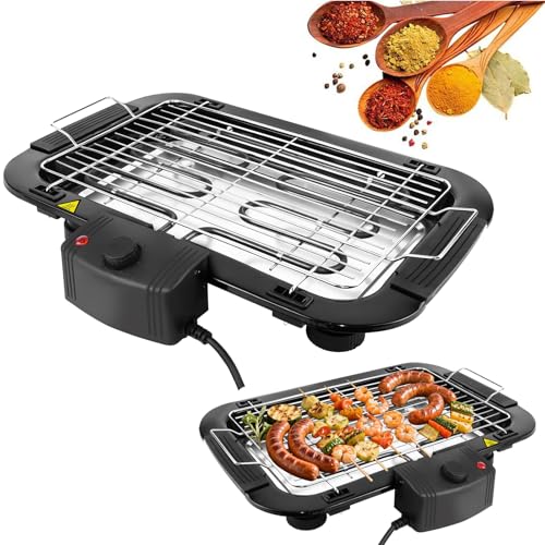 1500W Electric BBQ Grill Indoor/Outdoor with Stand, Smokeless, Non-Stick, 5-Level Temperature Control, Compact Tabletop Electric Barbecue Grill with Removable Drip Tray for 2 to 4 People BBQ Party