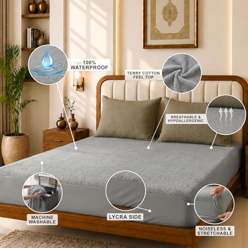 Image of Glassiano Cotton Feel Terry Ultra Soft Waterproof Mattress Protector | Breathable - Hypoallergenic Mattresses Cover with Elastic Strap for Single Bed (80x30 inch|6.6x2.5 feet, Grey - Pack of 1)