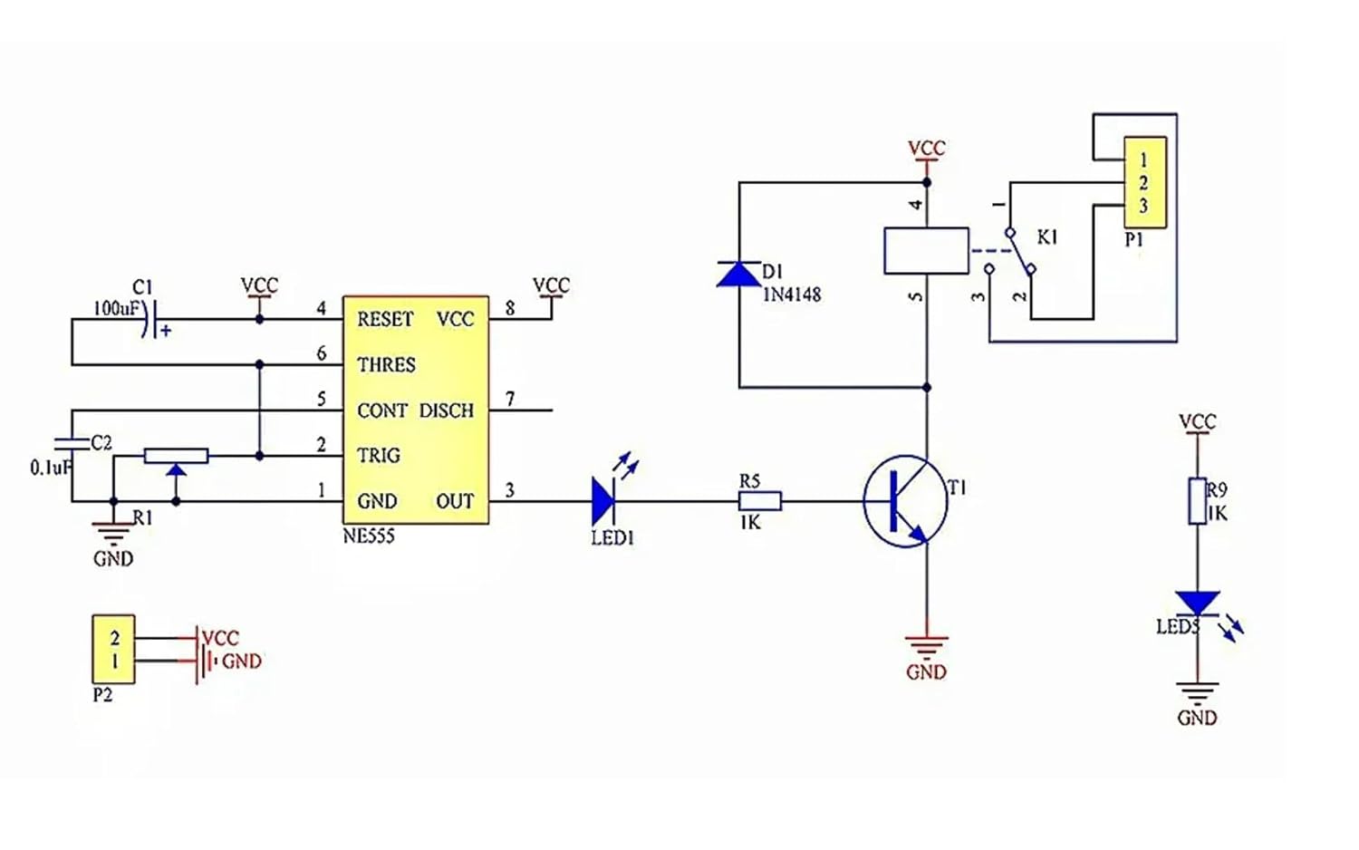 Circuit diagram of the NE555 Delay Timer Module