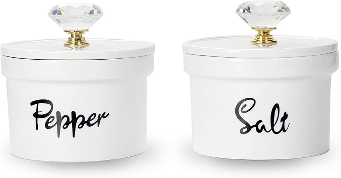 Salt and Pepper Bowls with Crystal Lid, 12.5 oz Ceramic Salt Pepper Container for Countertop,Farmhouse Kitchen Decor, Set of 2 Gold