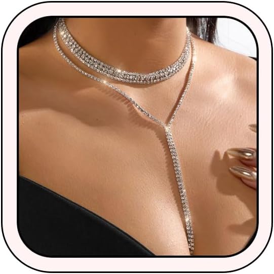 Black Rhinestone Layered Long Y Necklace for Women Gold Silver Glittering Crystal Lariat Necklace Fashion Bridal Prom Necklace Wedding Bridesmaid Jewelry