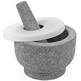 GRANDMA SHARK Mortar and Pestle Set - 6 Inch，with Silicone lid, Sticky Non-Slip pad on The Bottom,