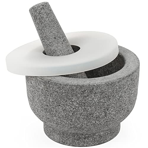 Grandma Shark Mortar And Pestle Set - 6 Inch，With Silicone Lid, Sticky Non-Slip Pad On The Bottom, Granite Mortar And Pestle Spice Grinder For Grinding, Making Guacamole, Salsa, Holds 2 Cups, Grey #TOP18