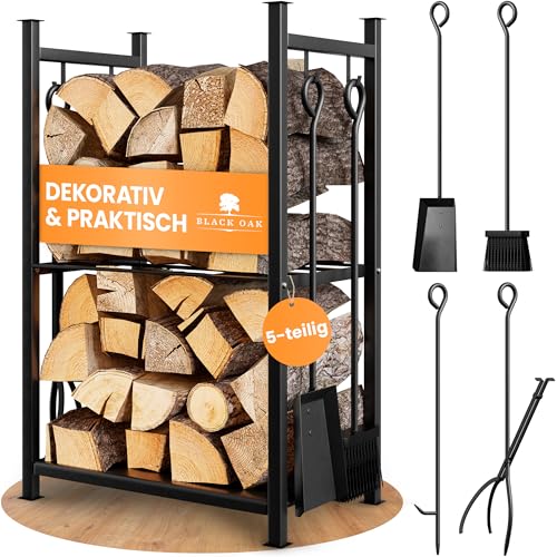 BLACK OAK Kaminholzständer ANTERO - Kaminholzregal schwarz Stahl 72x46x30cm 5-teilig 2 Ebenen Kaminbesteck Set 4-teilig Feger Schaufel Schürhaken Zange +...