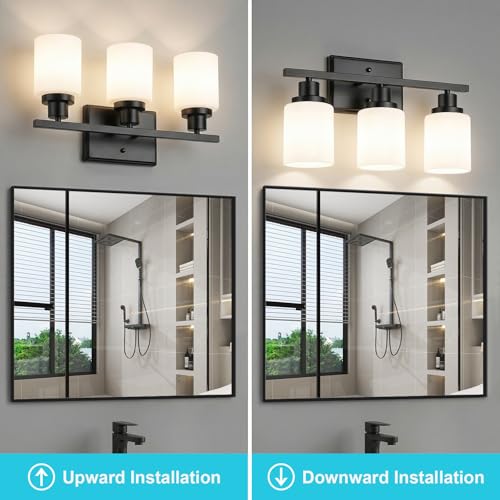 Image of Ascher Bathroom Light Fixtures, 3-Light Vanity Light Over Mirror, Modern Matte Black Wall Sconces with Milky White Shades, Wall Lamp for Kitchen Hallway Cabinet Porch E26 Base